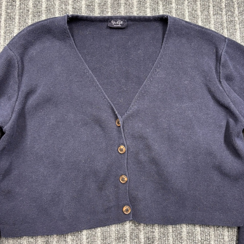 John Galt Cropped Cardigan SMALL Navy Blue Excellent Ribbed V-Neck Cotton (2252)